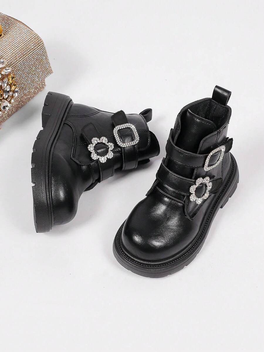 1 Pair Kids Black Soft Premium PU Shiny Rhinestone Buckle Decor Double ...