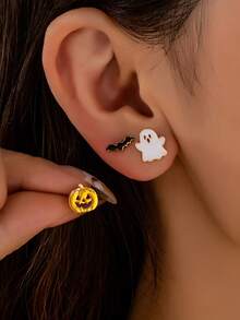 3pcs Gold Metal Ghost Bat Pumpkin Delicate Gothic Fun Jewelry Set Suitable For Party Luxury Banquet - Yellow Gold - View 14