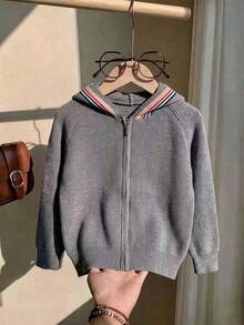 Boys' Preppy Colorblock Striped Hooded Cardigan Sweater, Knit, Suitable For School, Spring, Autumn, Winter - Grey - View 1