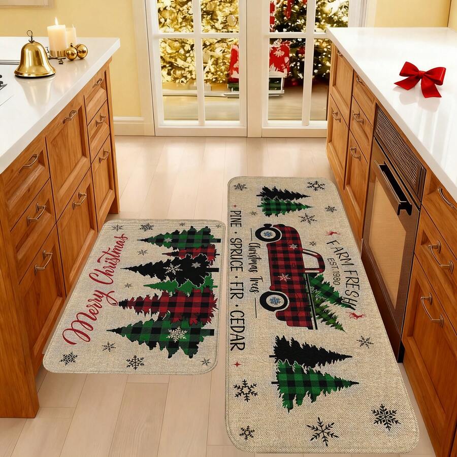 1/2/3pcs Christmas Theme Kitchen Rug, Flannel Kitchen Mat, Soft Comfortable Absorbent Non-Slip Machine Washable With Anti-Slip Backing, Suitable For Multiple Scenes: Entrance, Living Room, Bedroom, Kitchen, Dining Room, Bathroom, Laundry Room, Hallway, Christmas Holiday Home Decor Floor Mat - Multicolor - View 1