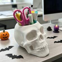 1pc Skull-Shaped‑Shaped Pen Holder, 3D Printed Decorative Skull Pencil Cup, Halloween Decor, Multi‑Purpose Desktop Storage Container, Makeup Organizer, Cosmetic Brush Holder, Vanity Desk Office Organizer, Table Decor, Day Of The Dead Decor. - View 2