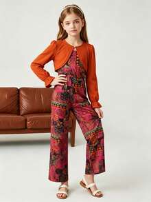 Tween Girl 2pcs Set Vintage Knit Short Jacket And Tank Top Jumpsuit, Autumn/Winter - Purple - View 4