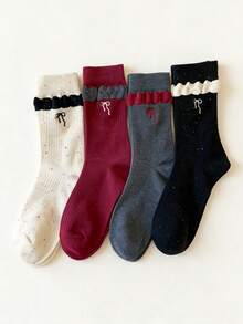 4 Pairs Bowknot Embroidered Lace Mid-Calf Women's Socks, College Style, Daily Wear, - Multicolor - View 2