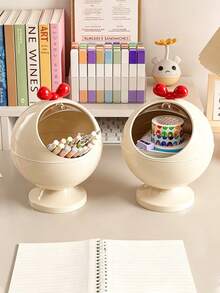1pc Cream Round Bow Decor Desktop Storage Box, Cute Style Smooth Plastic, Spherical Shape, Flip Top Opening Detail, Cosmetic & Jewelry Display Organizer, Ideal Christmas Gift, Bedroom Vanity Table Home Use - Multicolor - View 4