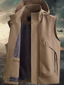 Men's Casual Fashion Hooded Sleeveless Vest Jacket, Suitable For Daily Commute And Travel, Spring/Autumn - Khaki - View 2