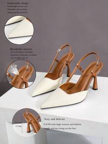 Women's High Heel Pointed Toe Fashion Commute Side Vertical Strap Open Back Slingback Buckle Pumps - Beige - View 8