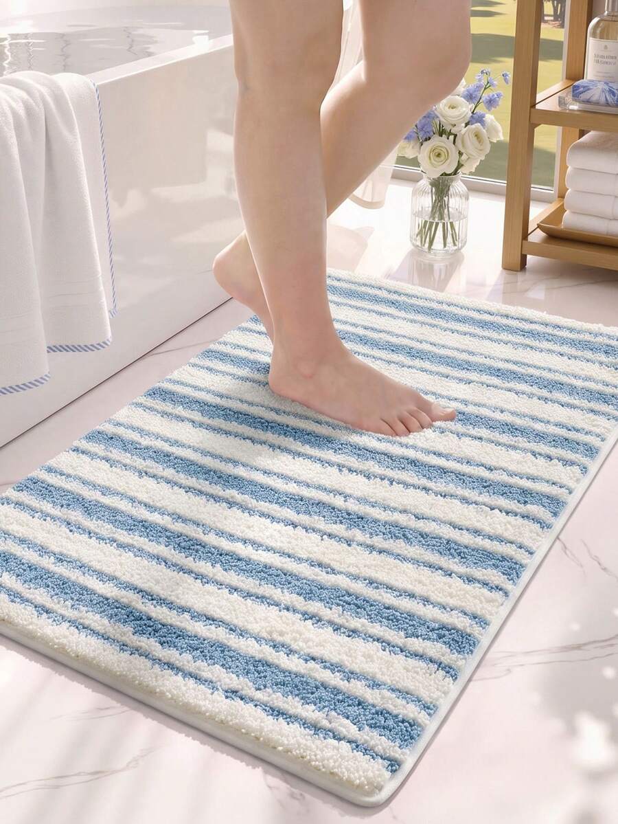 DAJIANG 1pc Bathroom Rug Mat, Flocked Soft Touch, Blue & White Striped Fresh Style, TPR Non-Slip Backing, Suitable For Kitchen, Outdoor, Indoor, Hallway, Bedroom, Living Room, Bedside, Machine Washable Easy To Clean, Autumn Bathroom Decor Rug