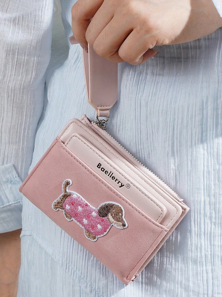 Women's Dachshund Embroidered Short Wallet, Daily Wallet With Zipper Coin Purse And Wrist Strap, Cute Dog Pattern, Birthday Gift, Valentine's Day Gift