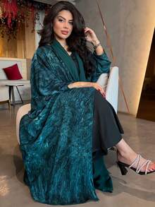 Set Abaya + Hijab Terbuka Depan, Abaya Gaya Kimono Lengan Panjang Longgar Elegan, Busana Muslimah Sopan Gaya Dubai - MultiWarna - View 10