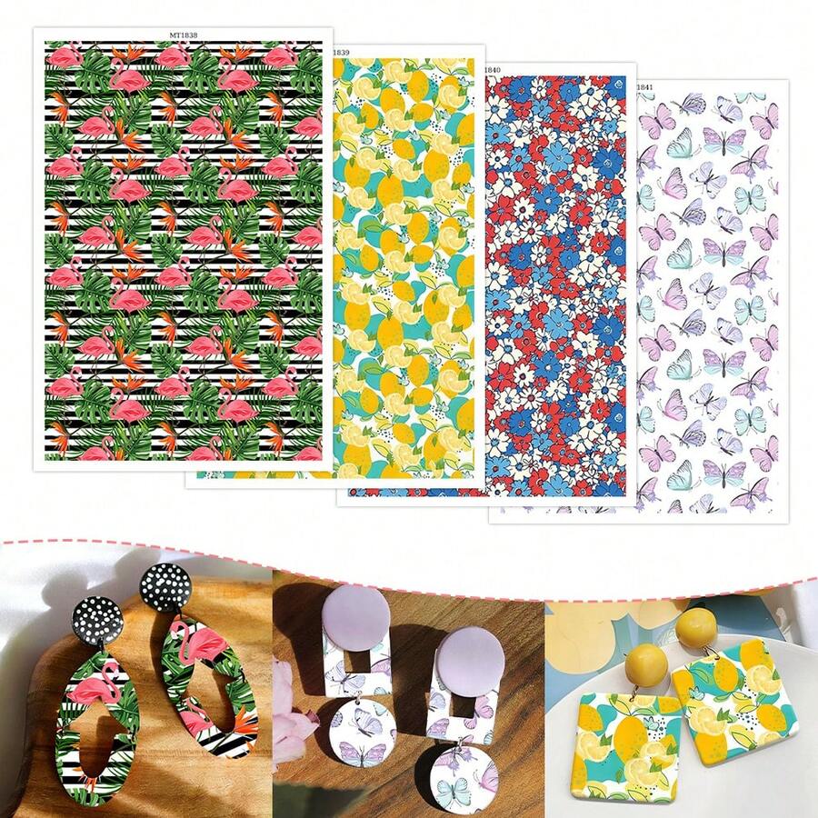 Flamingo/Yellow Lemon/Red & Blue Floral/Butterfly Pattern Transfer Paper, Summer Tropical Series Polymer Clay Printing Paper, Size 5.82 * 3.93 Inches, Suitable For DIY Art Jewelry Earrings Making Special Polymer Clay Transfer Printing - A - View 1