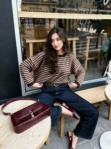 MORI Autumn/Winter Chocolate Striped Knit Crew Neck Long Sleeve Loose Fit Pullover Sweater For Women, Suitable For Coffee Dates And Travel - Coffee - View 8