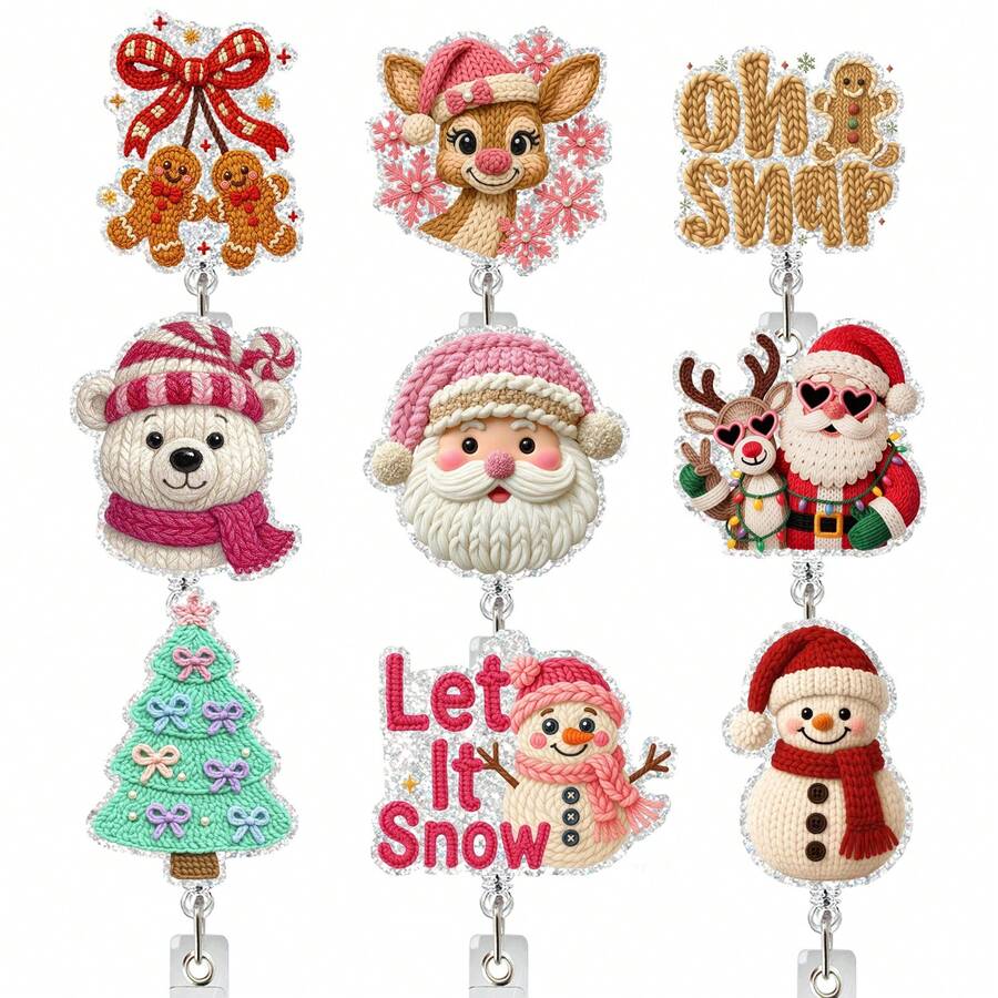 1PC Christmas Retractable Acrylic Badge Reel, Knitted Style ID Card Holder, Anti-Loss Badge Clip For Nurses