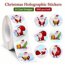 500pcs/Roll Holographic Laser Santa Claus Stickers, 1 Inch Round, 6 Designs, Baking Packaging Stickers, Envelope Gift Seal Stickers, Cup Stickers, DIY Decoration Stickers, Christmas Atmosphere Stickers, PVC Self-Adhesive Label Roll Stickers - Multicolor - View 1