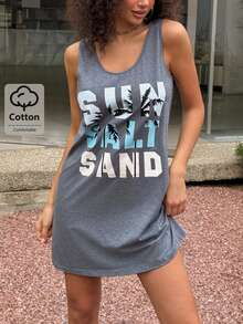 休閒時尚無袖迷你洋裝，印有「SUN SALT SAND」文字與黑色棕櫚樹裝飾，優雅風格 - 灰色 - 查看 3