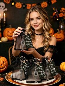 12pcs Halloween Party Gothic Style Skull Pattern Packaging Bags, Halloween Cards, Keychains, Black Gift Bags Funny Gifts, Party Gift Set, Drawstring Small Accessory Packaging Bags, Suitable For Halloween Party Decoration, Theme Party Tabletop Decoration - View 2