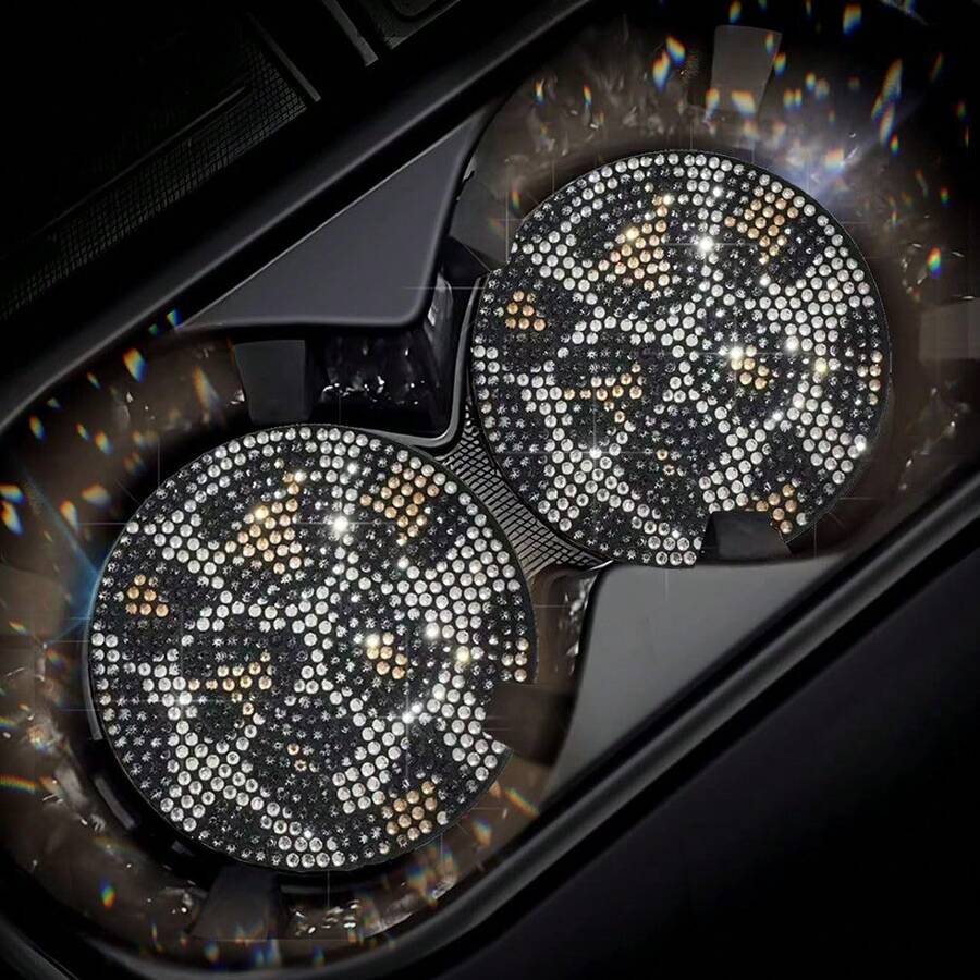 2pcs Shiny Car Accessories Cup Holder Coasters, Women's Style, Leopard Print Rhinestone Car Cup Coasters, Beverage Cup Coasters, 2.75 Inches - Rhinestones - View 1