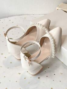 3-12 Years Old Girls Hollow Closed Toe Sandals Pearl Chunky High Heel Shoes For Hosting Runway Performance Princess Leather Shoes - Beige - View 5