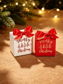 5Pcs Merry Christmas Mini Gift Bags With Satin Ribbon Bows, Metallic Tree And Festive Lettering Print, Red Green Or White Paper Packaging For Jewelry, Small Presents, Secret Santa Gifts, Stocking Stuffers And Holiday Party Favors - 7X5X7cm - View 7