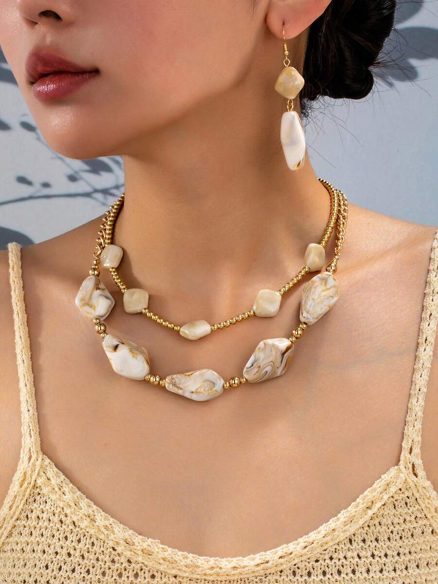 3 Pieces Bohemian Style Vintage Elegant Asymmetrical Geometric Double Layer Necklace And Earrings Set For Women, Suitable For Gifts, Parties, Banquets And Daily Wear - White - View 1