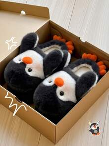 Cute Penguin Plush Slippers, Fuzzy Fur Lining, Unisex Indoor/Outdoor Fun Slippers For Autumn/Winter - Black - View 6