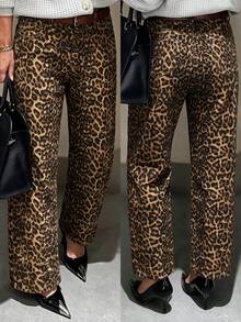 Celana Jeans Denim Wanita Kasual Motif Leopard Model Lurus Pinggang Tinggi Terbaru Musim Gugur/Dingin - Kuning - View 7