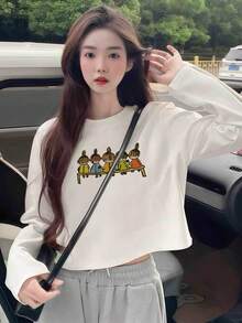 可愛卡通角色插圖印花女款短袖/長袖T恤，可愛風高腰短版圓領內搭上衣，秋季上衣 - 白色 - 查看 1