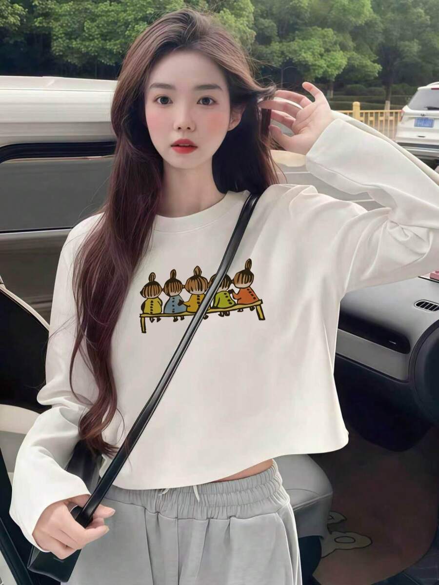 可愛卡通角色插圖印花女款短袖/長袖T恤,可愛風高腰短版圓領內搭上衣,秋季上衣 - 白色 - 查看 1