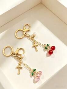 Cherry Pearl Anka Cross Keychain, Niche Exquisite Bag Charm, Portable Accessory, French Cherry Pendant Key Chain, Faux Pearl Cross Pendant, Girl's Backpack Decoration - Cherry Pearl Cross - View 5