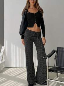 Vuslat Women's Autumn Street Colorblock Striped Knit Straight Leg Pants, Suitable For Daily Wear, Back To School, Party, Halloween - Black - View 9