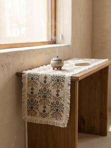 1pc Golden Sunflower Pattern Table Runner, Vintage Country Style Woven Fabric, Long Rectangular Shape With White Tassel Edge Detail, Decorative Functional Table Runner For Autumn Dining Table Decor And Country Home Decor - Yellow - View 5
