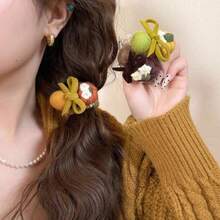 Vintage Crochet Pumpkin Flower Hair Tie, Fabric Bow Decor Elastic Hair Scrunchie, Adult Daily Ponytail Hair Accessory - Multicolor - View 6