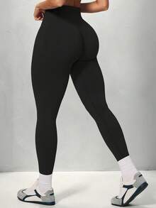 Yefecy Women's Seamless High Waist Leggings, Solid Color Opaque, High Elasticity Tummy Control Long Pants, Suitable For Running, Cycling, Yoga, Gym Workout And Daily Wear - Black - View 6