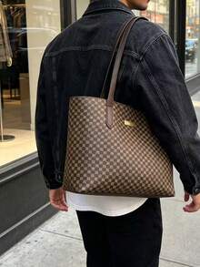 Men's Vintage Checkered Tote Bag Large Capacity Business Briefcase Shoulder Bag Multifunctional Work Office Laptop Handbag For Daily Commute Travel - Brown - View 3