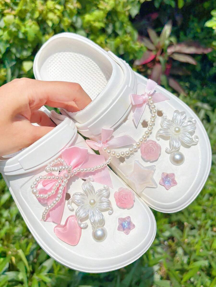 12pcs Pink Pearl Bow & Flower DIY Shoe Decor, Suitable For Perforated Sandals, Elegant & Fashionable, Gift For Girlfriend - Pink - View 1