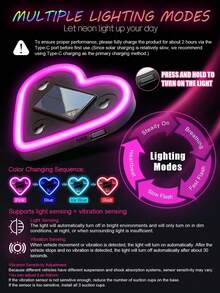 Heart-Shaped LED Car Window Atmosphere Light, Solar & Type-C Rechargeable Neon Light With Light Sensor And Vibration Sensor, 5 Lighting Modes, Suction Cup Installation, Cute Romantic Women's Car Interior Accessory - Multicolor - View 6