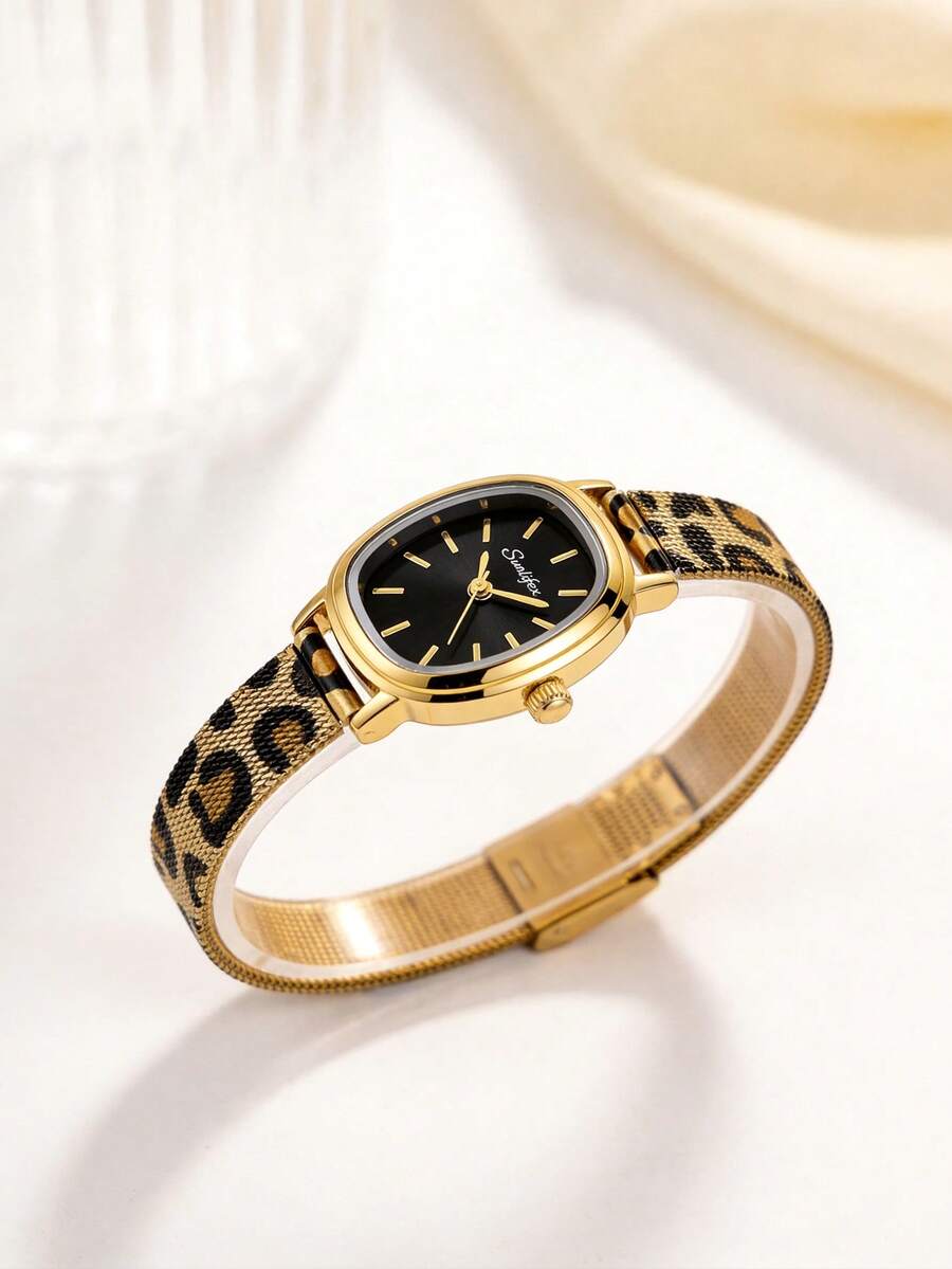 SUNLIFEX 1pc Women's Retro Quartz Watch,Gold Alloy Case,Black/Gold Oval Dial,Leopard Print Metal Mesh Strap,Elegant Watch,Suitable For Daily Wear&Gift Giving - Black - View 1