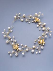 1pc Vintage Floral Faux Pearl Beaded Headband, Elegant Hair Accessory For Wedding, Daily, Party, Festival - Gold - View 5
