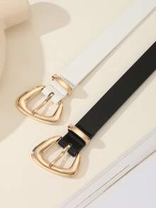 2pcs Set Gold Buckle Leather Belt Women's Waist Belt, Versatile For Dresses And Casual Pants, Suitable For Daily Wear, PU Leather 2.3CM Wide - Black and White - View 4