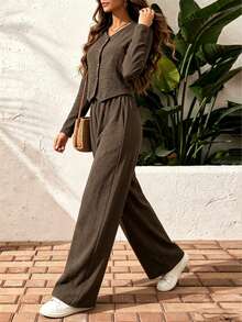 YI XUAN Women's Casual Short Button-Up Shirt And Loose Wide-Leg Pants Set, Vintage Textured Long Sleeve Top With Comfortable Long Pants, Suitable For Daily Wear, Autumn - Chocolate Brown - View 4