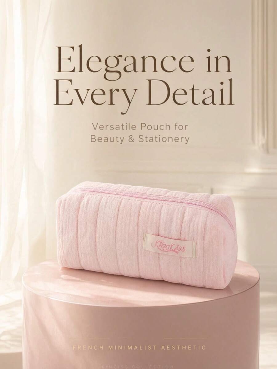 Rectangular Zipper Pencil Case, Vertical Quilted Design, Soft Lining With Padding, Fresh And Soft Ulzzang Girl Style, Suitable For New Semester, Can Neatly Store Pens, Rulers, Erasers And Notebooks In One Place