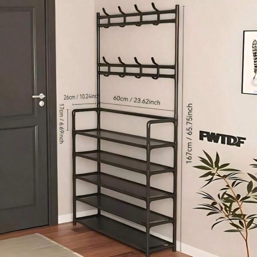 1pc 4-5 Tier Shoe Rack With Coat Hooks, Metal Entryway Mirror Coat Rack With 8 Hooks, Multi-Functional Large Capacity Shoe Storage Organizer, Sturdy Space-Saving, Suitable For Entryway, Hallway, Foyer, Apartment, Dorm - Multicolor - View 1