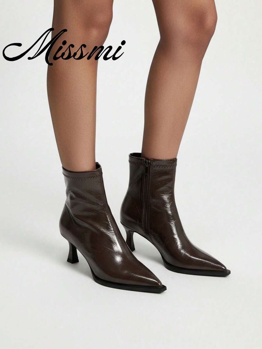 Botas de tobillo de tacón alto de punta retro nueva temporada otoño/invierno 2025 primavera/verano, botas de cuero de tacón medio versátil y ajustado para mujer, tacones burdeos - Marrón - Ver 1