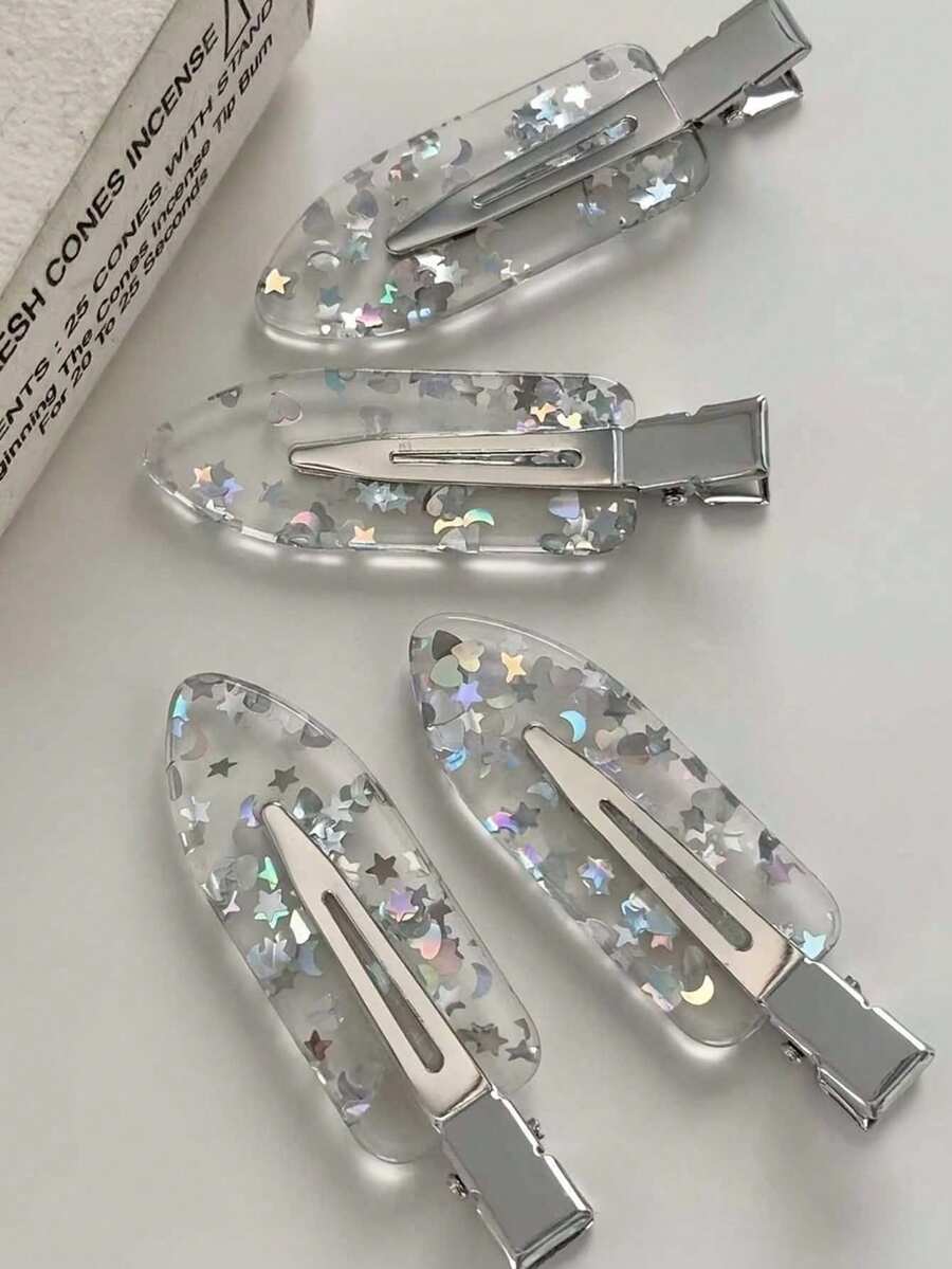 2/4pcs Women's Silver Star Sequin Hair Clips, Transparent Resin Sequin Design, Non-Slip Bangs Hair Clips, Y2K Style Women's Accessories - Multicolor - View 1