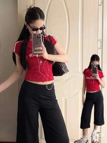 Women's Black High-Waist Tummy Control Wide Leg Capri Pants, Compression Shaping, Butt Lifting Design, Suitable For Yoga And Pilates - Black - View 4