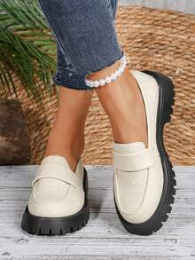 French Style Quilted Thick Sole Loafers For Women, Platform Chunky Heel Slip-On Minimalist Commuter Versatile Shoes - Beige - View 2