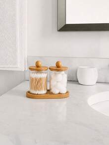 Clear Plastic Cotton Swab Storage Box Set (With Bamboo Lids) And Bamboo Tray (2 Pieces Set) – Suitable For Cotton Swabs, Cotton Balls, And Cotton Pads - Multicolor - View 3