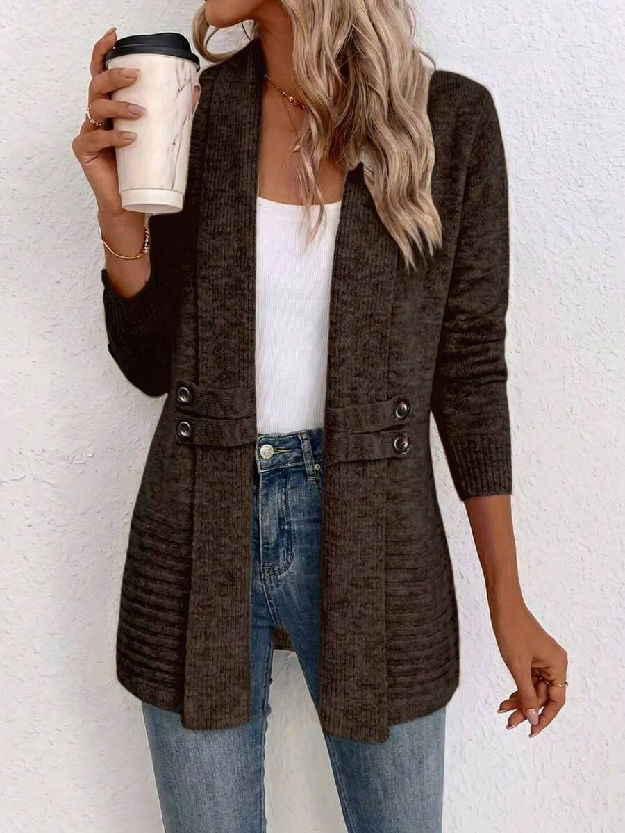 Women's Plus Size Knit Cardigan, Front Open Design, Long Sleeve, Ribbed Details, Casual Autumn/Winter Sweater Jacket - Brown - View 1