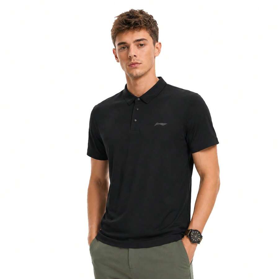 LI-NING Men's Fitness Quick-Dry Polo Shirt Moisture-Wicking Sun-Protective Casual Top APLW151 - Black - View 1