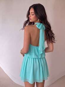Casual Fashion Green Halter Backless Mini Dress, Adjustable Back Tie, Flared A-Line Skirt Wedding Party Fall - Mint Green - View 2