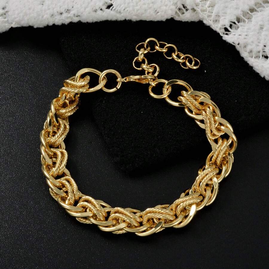 1pc Thick 18K Gold-Plated Copper Double-Layer Texture Woven Bracelet For Women Daily Party Wear - Gold - View 1